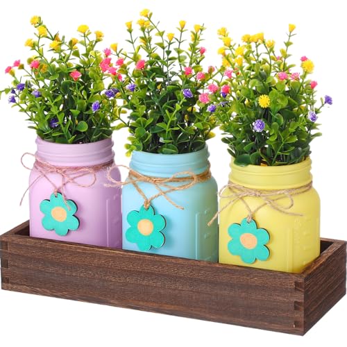 Domensi Easter Spring Table Decoration Set Rustic Wood Tray with Artificial Colorful Flower Greenery Fake Plants Mason Jar Wooden Tag for Easter Spring Dining Table Centerpiece Supplies - color: Pink, Blue Yellow, size: Easter Theme
