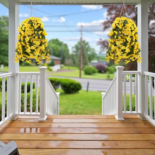 Sggvecsy Artificial Fake Hanging Flowers Plants for Outdoor Outside Spring Summer Decoration 2PCS Faux Silk UV Resistant Realistic Morning Glory Trailing Vines for Home Porch Patio Balcony(Yellow) - color: Yellow, size: 2Pcs