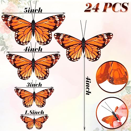 24 Pcs Monarch Butterfly Decorations 4 Size Artificial Monarch Feather Fake Butterfly Picks Crafts with Wire for Wall Flower Pot Spring Floral Party Home Decor(Orange) - color: Orange