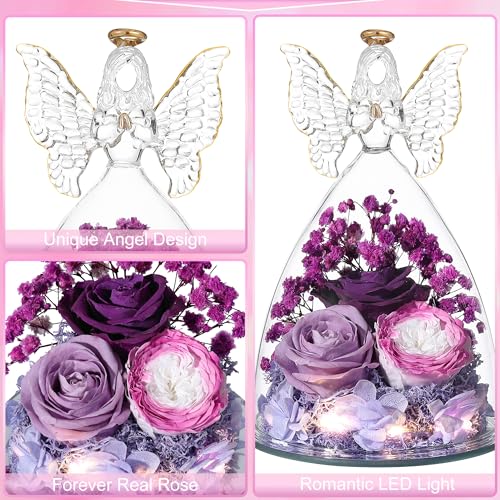 Mothers Day Rose Gifts for Women Preserved Real Flower in Glass Angel Figurines Roses for Delivery Prime Birthday Gifts for Mom Grandma Girlfriend Wife Her, Colorful Purple - color: Colorful Purple