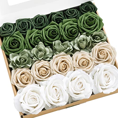 Ling's moment Artificial Flowers Fake Silk Roses Faux Foam Gardenia Combo for DIY Wedding Bouquets Centerpieces Arrangements Bridal Shower Party Home Decorations, Emerald Green & Tawny Beige, 25pcs - color: Grn-emerald Green & Tawny Beige