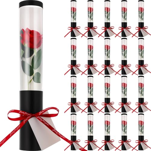 Norme 20 Sets Mother Day Artificial Rose Flowers with Single Cone Boxes, Realistic Touch Velvet Fake Rose Wrapping Bag Bouquet Packaging Sleeves for Teacher Gifts DIY Gift Supplies