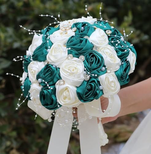 Ujicde Romantic Wedding Bouquet Bridal Bridesmaid Round Bling Brooch Bouquet Throw Toss Artificial Rose Flower Bunch with Sparkle Rhinestone Crystal Decoration(Dark Green+Ivory,Dia. 6.3"*16cm) - color: Dark Green+ivory, size: Dia. 6.3"*16cm