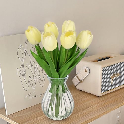 Oairse Fake Tulip Flowers Artificial in Glass Vase with Faux Water Real Touch Foam Tulip Arrangement Suitable for Dining Table Centerpiece Wedding Home Office Decoration (Cream Yellow) - color: Cream Yellow