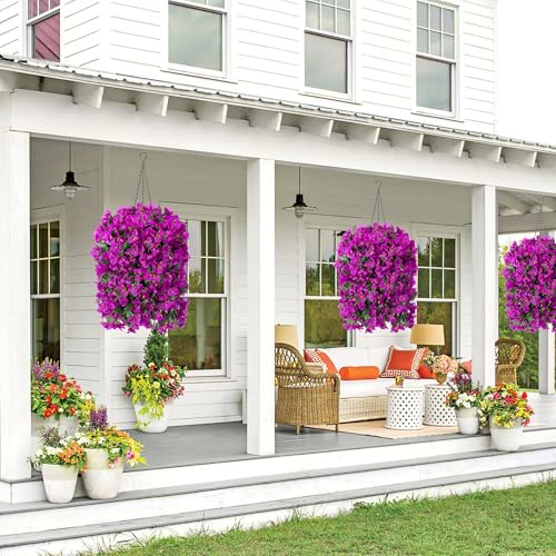 INSPRING Artificial Bougainvillea Faux Flowers Plants Baskets for Outdoor Outside Decoration, 3PCS Fake Silk Flowers Long Trailing Vines UV Resistant Realistic for Front Door Porch Patio (Purple) - color: Purple