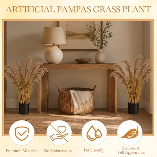 Jexine 2 Pcs Pampas Grass Potted Plants 3 ft Tall Artificial Grass Potted Artificial Greenery Floor Plants Tall in Pot for Housewarming Gift House Garden Bathroom Lobby Outdoor Decoration (Autumn) - color: Autumn, size: 3 ft