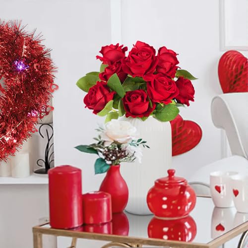 12 Pcs Red Roses Artificial Flowers with Long Stem, Faux Silk Rose Bouquet Realistic Lifelike Fake Floral Bundles Halloween Valentine's Day Wedding Party Table Centerpiece Decor, Small - color: Red, size: Small