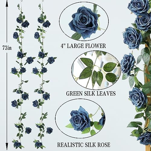 Dallisten 2 Strands 73'' Artificial Silk Rose Flower Vines Garland, Fake Roses Floral Green Leaves Hanging Plant for Wedding Arrangement Decoration, Wall, Party, Bedroom, Home Decor (Blue) - color: Blue