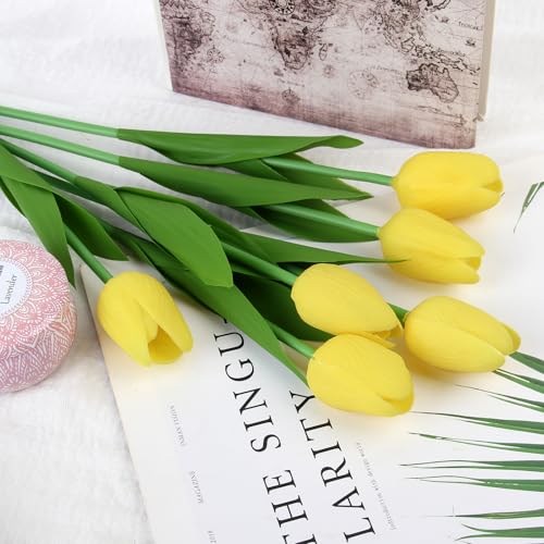 Artificial Tulips Flowers Fake Latex Tulip Stems - 30pcs Real Touch Faux Multicolor Tulips Flower for Easter Spring Wedding Bouquet Centerpiece Floral Arrangement Cemetery Table Decor - color: Yellow 01