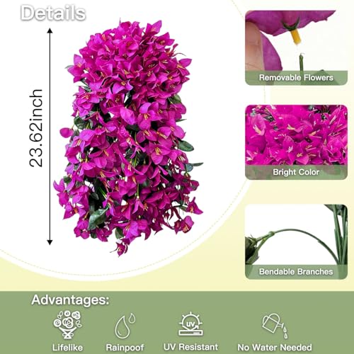 Artificial Flowers for Outdoors Fake Fuchsia Bougainvillea Hanging Flower Decoration, 2Pcs Realistic Faux Silk Plants Long Trailing Vines, Spring Decor for Porch Patio Balcony Planter Yard - color: Bougainvillea - Fuchsia