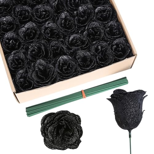 Roses Artificial Flowers,30PCS Black Glitter Roses Silk Roses for Wedding Bouquet Party Christmas Home Decor(Black) - color: Black