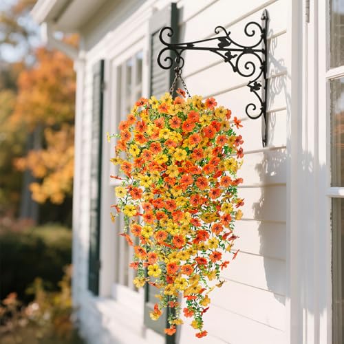 Ammyoo Artificial Hanging Flowers for Outdoors Fake Plants Decoration, 2 Packs Faux Silk Daisy Flower Realistic Outdoor Flowers UV Resistant Porch Patio Window Yard Indoor Spring Decor(Yellow Orange) - color: Dyellow Orange