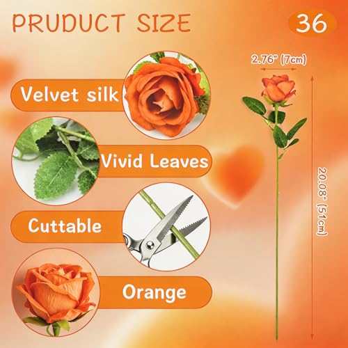 Rose Artificial Flowers Velvet Bouquet with Long Stem Real Touch Fake Roses Florals for Bridal Wedding Bouquet Party Arrangement Centerpiece Decorations (36, Orange) - color: Orange