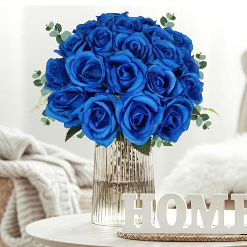 20PCS Artificial Roses with Long Stems - Realistic Silk Flowers, Fake Roses Real Touch Bouquet of Roses for Mother's Day Home Decor, Bridal Wedding Party, Bulk Faux Rose Flowers (Royal Blue) - color: Royal Blue, size: 20 PCS