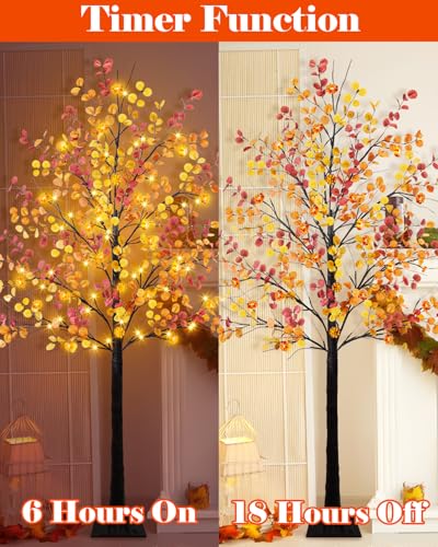 Uieke 4FT 48LED Lighted Fall Eucalyptus Tree Artificial Fall Tree with 12PCS Pumpkins & 8 Modes Thanksgiving Fall Decorations for Home Autumn Decor Indoor Outdoor - style: 4FT Fall Tree(1Pack)