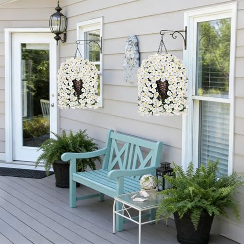 HyeFlora Artificial Faux Hanging White Flowers Plants Basket for Outdoor Outside Christmas Winter Decor, Fake UV Resistant Realistic Morning Glory Flowers for Porch Home Balcony Yard Patio Decoration - color: White Morning Glory