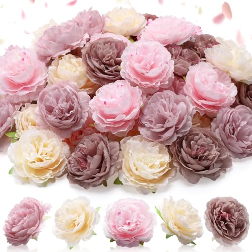 Thiccywoov 50 Pcs Artificial Flowers, 3.2 Inches Silk Rose Head Flowers Fake No Stem for Wedding Bridal Bouquet Home Floral Decor DIY Centerpieces Arrangements Party Tables Decorations(Grey Pink) - color: Grey Pink