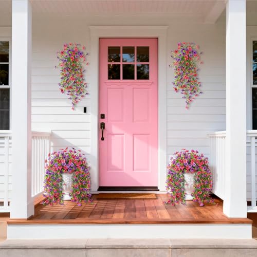 Artificial Hanging Flowers for Outdoors, 2 Pcs Fake Hanging Plant Spring Summer Decoration, UV Resistant No Fade Faux Silk Daisy Flower for Planter Porch Patio Yard Garden Decor(Purple Hot Pink) - color: Purple Hot Pink