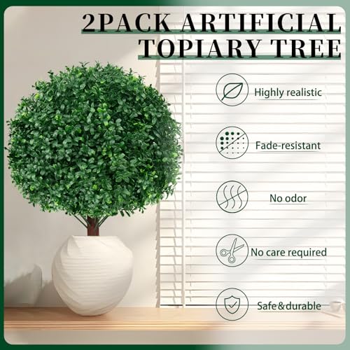 2Pack Artificial Boxwood Topiary Ball Trees, 16'' UV Resistant Fake Evergreen Shrubs Bushes Plants with Ground Spike, Fake Plants for Outdoor Indoor Front Porch Garden - color: Boxwood