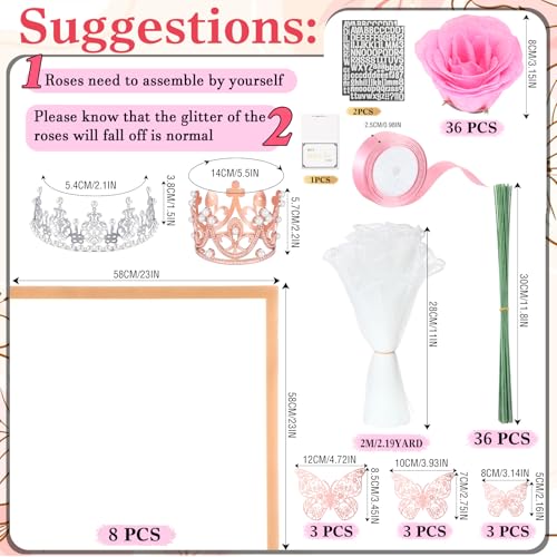 Thiccywoov 36 Pcs Glitter Roses Bouquet Artificial Rose DIY Flower Bouquet Kit Flower Wrapping Paper 3D Butterflies Crowns for Mom Graduation Birthday (Pink) - color: Pink