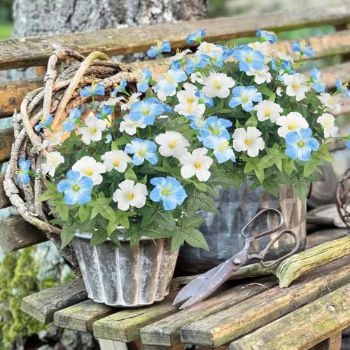 2 Pcs Artificial Flowers for Outdoors Fake Plants Outside Spring Summer Decoration Realistic Silk Morning Glory UV Resistant Faux Flowers for Planter Patio Yard Garden Front Porch Blue White - color: Blue, White