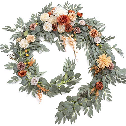 Ling's moment Fall 9FT Flower Garland for Backdrop Decorations - Wedding Arch Flowers, Eucalyptus & Rose, Artificial Floral Garland for Mantle - Sweetheart Table Decor for Ceremony, Terracotta - color: Or-terracotta & Orange