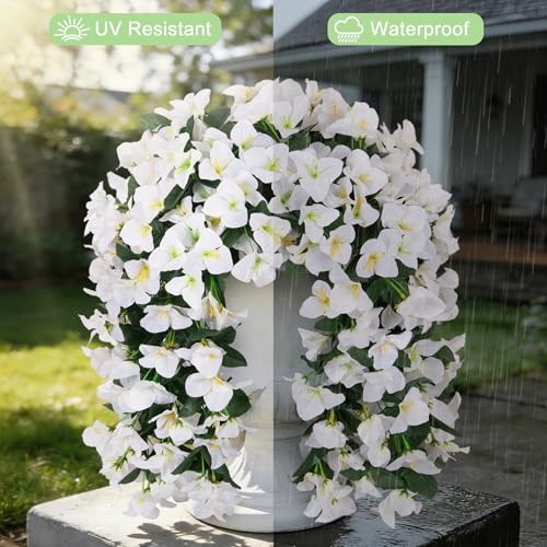 Fake Bougainvillea Artificial Flowers for Outdoors Decoration 2 pcs Faux Hanging Flowers Plants for Outdoor Planters UV Resistant Silk Bougainvillea Vines for Front Door Porch Urn Patio Garden - color: White