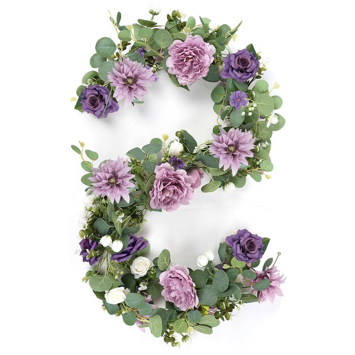 5.9 FT Artificial Eucalyptus Flower Garland with Butterflies - Pack of 1 Fake Rose Garland Faux Greenery Eucalyptus Garlands for Wedding Table Backdrop Arch Centerpieces Decorations - Purple - color: Dusty Purple, size: 1 Pack