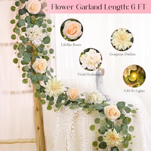 Yastouay 6 Ft Flower Garland with Lights, Champagne Rose Floral Garland Fake Flowers for Wedding Arch Party Tables Backdrop Decor - color: Champagne With Lights, size: 1 Pack