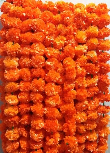Artificial Marigold Garland for Decoration 5 Pcs of 5 feet Long Strands Artificial Marigold Flowers, Indian Decor for Pooja, Wedding Christmas, Events Decorations (Orange) - color: Orange