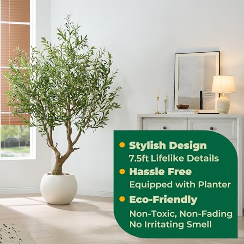 7.5 FT Large Luxury Artificial Olive Tree, Tall Faux Olive Tree with White Pot, Extra Lush Stereoscopic Shape, 5 Minutes Easy Set-up, Realistic Trunks and Lifelike Leaves & Fruits, Home Office Décor - color: Green-90in Olive, size: 7ft 6in