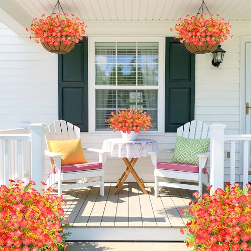 MACTING Artificial Flowers for Outdoors 12 Bundles UV Resistant Fake Flowers No Fade Faux Outdoor Plants for Indoor Outside Planters Garden Porch Yard Window Home Summer Decorations(Rose Red) - color: Rose, size: 12PCS