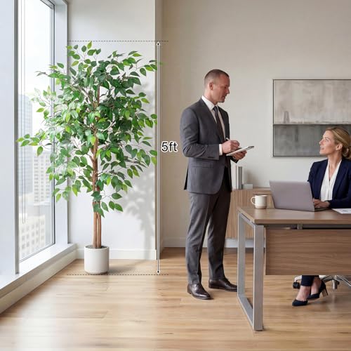 Artificial Ficus Tree 5FT Tall, Faux Ficus Tree Indoor Outdoor, Fake Silk Ficus Plant with Planter, Lifelike Leaves Large Potted Floor Tree for Home Office Living Room Porch Decor - size: 5ft