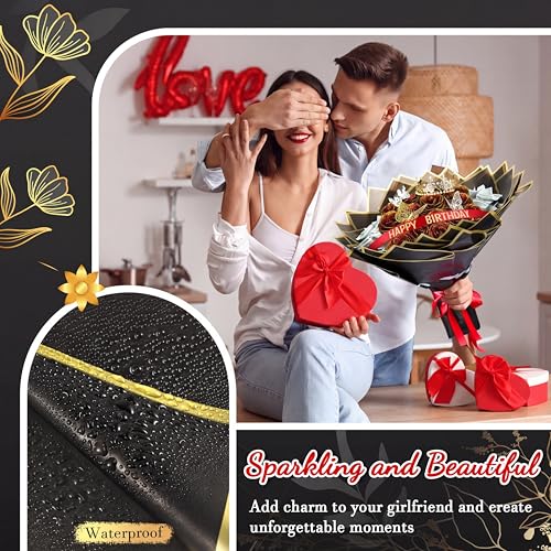 Maysing Money Bouquet Kit 12 Pcs Glitter Roses 20 Sheet Flower Wrapping Paper DIY Flower Bouquet Floral Foam Blocks Sticker for Anniversary Birthday Mother's Day Graduation(Red with Gold Trim) - color: Red with Gold Trim