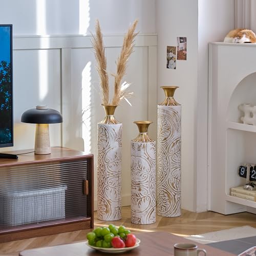 Floor Vases, Tall Home Decor Metal Vase Set of 3 Large Glazed Decorative Vases for Wedding Decor, Elegant Modern Flower Holder for Living Room, Entryway, Hallway - color: Ivory Vine Gold