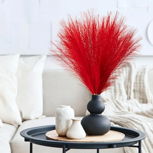 Pampas Grass Decor, Fluffy Faux Pampas Grass 5 Stem 18"/45cm Pompous Grass Small Flower Arrangement and Vase Filler for Boho Home Wedding - color: Red
