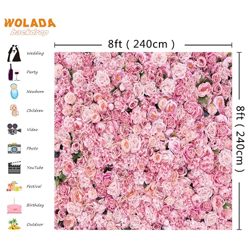 Flower Wall Backdrop Pink Rose Floral Photography Backdrop Ideal for Wedding Valentine's Day Girl's Party Portrait Photo Shoots Bridal Showers Studio Props 8x8FT 11990 - size: 8x8FT