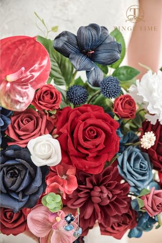 TINGE TIME 11 inch Wedding Bouquets for Bride, Burgendy Navy Artificial Flowers Bridal Bouquet, Brides & Bridesmaids Bouquet for Wedding Anniversary Ceremony Bridal Shower Decorations - color: Red&navyblue