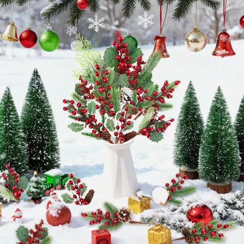 Pinecones Red Berry Picks Stems Christmas Floral Picks and Sprays 12 Pcs Christmas Holly Artificial Pine Pick Artificial Faux Pine Berry Holly Stems Berry Branches for Crafts Wreath Garland Tree Decor - color: Red and Green