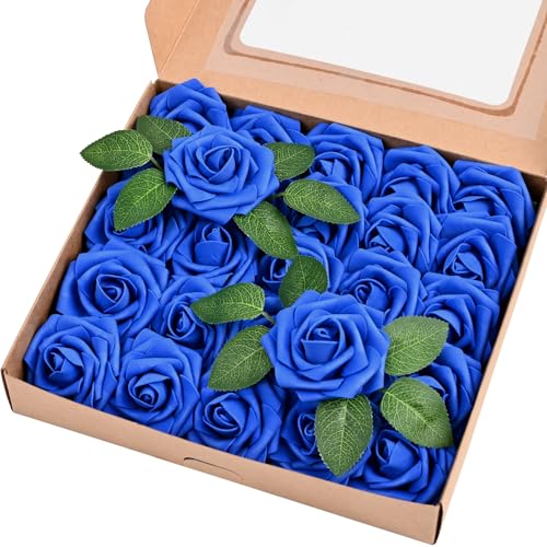 25 Pcs Artificial Flowers Fake Rose with Stems - Blue Real Touch Foam Roses for DIY Wedding Bouquet Bridal Shower Cake Toppers Centerpiece Table Valentines Day Decorations - color: Blue, size: 25Pcs