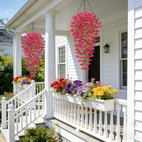 Betylifoy 2PCS Artificial Hanging Flowers Fake Hanging Plants for Outdoors Summer Decor UV Resistant Faux Silk Rose Red Violet Flowers Greenery Trailing Vines for Indoor Outside Garden Porch Decor - color: Rose Red
