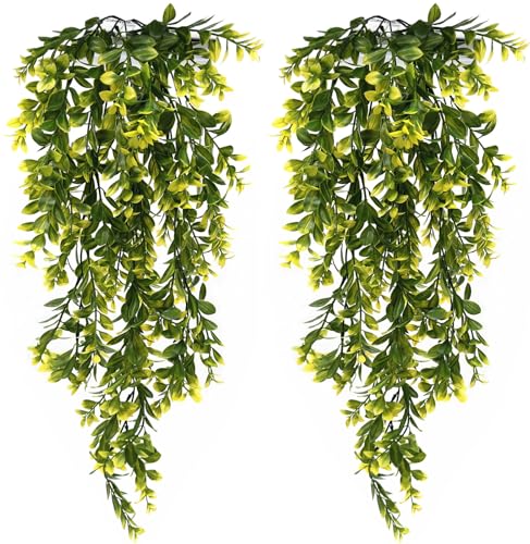 Artificial Hanging Vines, Fake Vine Plastic Leaves Faux Rattan Ivy Greenery Decor UV Resistant for Indoor Outdoor Home Kitchen Garden DIY Pot Basket Wedding Party Christmas Decorations - Yellow 2 Pack - color: Yellow Leaves Vine - 2 Pcs