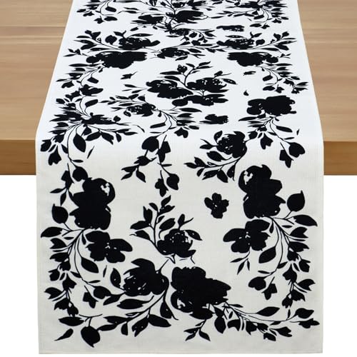 Betylifoy Black Rose Floral Table Runner Black and White Table Runners Farmhouse Coffee Table Runners Kitchen Dining Table Summer Decoration for Home Party Decor 13 x 72 Inch - color: Black Rose, size: 13x71inch