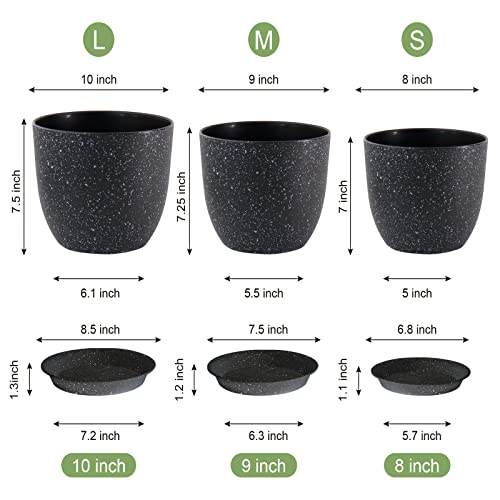 WSMKSZ Plant Pots 10/9/8 inch, Set of 3 Modern Decorative Plastic Planters with Drainage Holes and Saucers for Garden House Plants, Flower Pots for Indoor Outdoor Plants, Speckled Black - color: Speckled Black, size: 10"+9"+8"