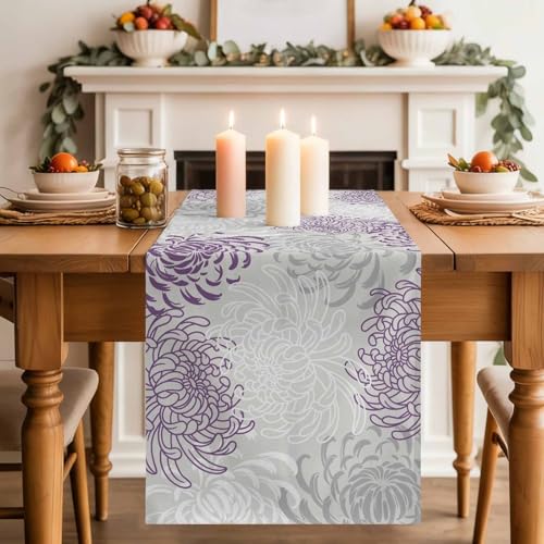 Floral Table Runner-Purple Gray White Long 90 inche Dresser Scarves,Flower Tablerunner for Kitchen Coffee/Dining Table Bedroom Living Room,Summer Spring Holiday Dinner Scarf Decor - color: Purple, size: 13x90 Inch