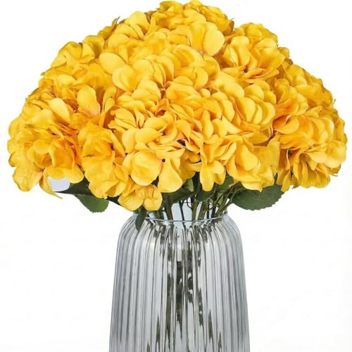 2Bouquets Artificial Fake Flowers Silk Hydrangea Arrangements Wedding Bouquets Decorations Plastic Floral Home Kitchen Garden Party Festival Bar DIY(Yellow,5 Flower Heads) - color: Yellow，5 Flower Heads