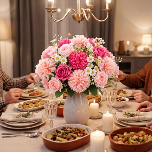 Tigeen 6 Pcs Bundles Artificial Bouquet Flowers Artificial Peonies Faux Roses Hydrangea Flowers Bouquet for Wedding Table Centerpiece Floral Vase Decor (Pink,Magenta) - color: Pink, Magenta