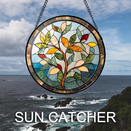 Stained Glass Window Hanging Colorful Tree of Life 7.8" - Plant Leaves Suncatcher Door Garden Sun Catcher Home Decor Birthday Christmas for Mom Men Woman Nana Friend - color: Brown and Green, size: 7.8x7.8 IN