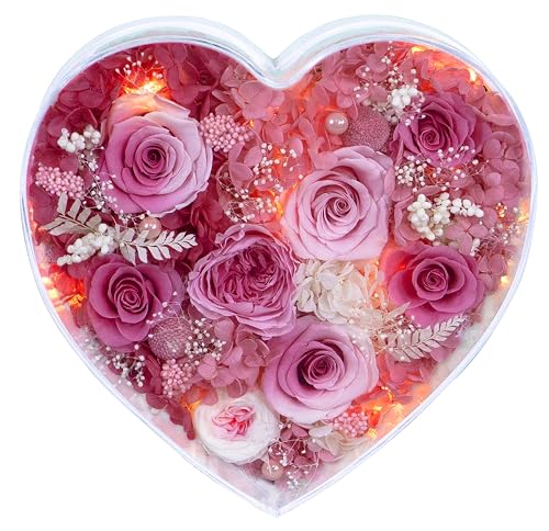 Valley of Rain & Forest Long-Lasting Real Flowers, "Sweet" Preserved Floral Gift With Lights For you to send Love for All Occasions, for Indoor Decoration (Pink & White Roses Arrangement) - color: Pink & White Roses Arrangement