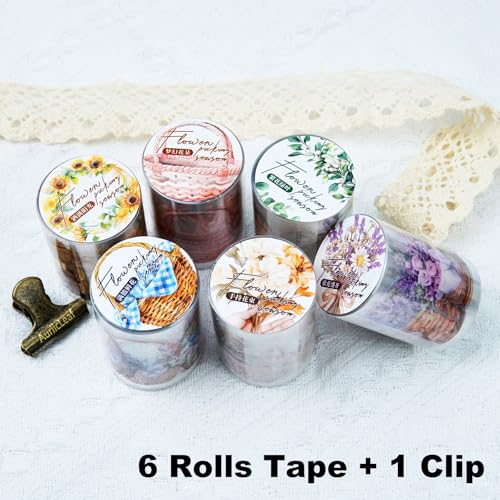 Flower Basket PET Tape Set, 6 Rolls Pre-Cut Vintage Floral Scrapbook Supplies for Journaling, DIY Crafts, and Planners,with Clip - color: Bloom Harvest